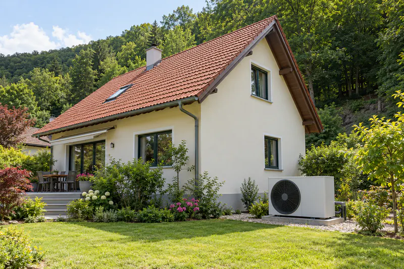 Wärmepumpe an einem Haus in Mödling am Rand des Wienerwalds
