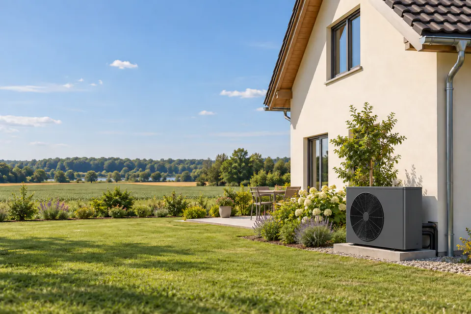 Fachbetrieb montiert eine Wärmepumpe an einem Wohnhaus in Niederösterreich